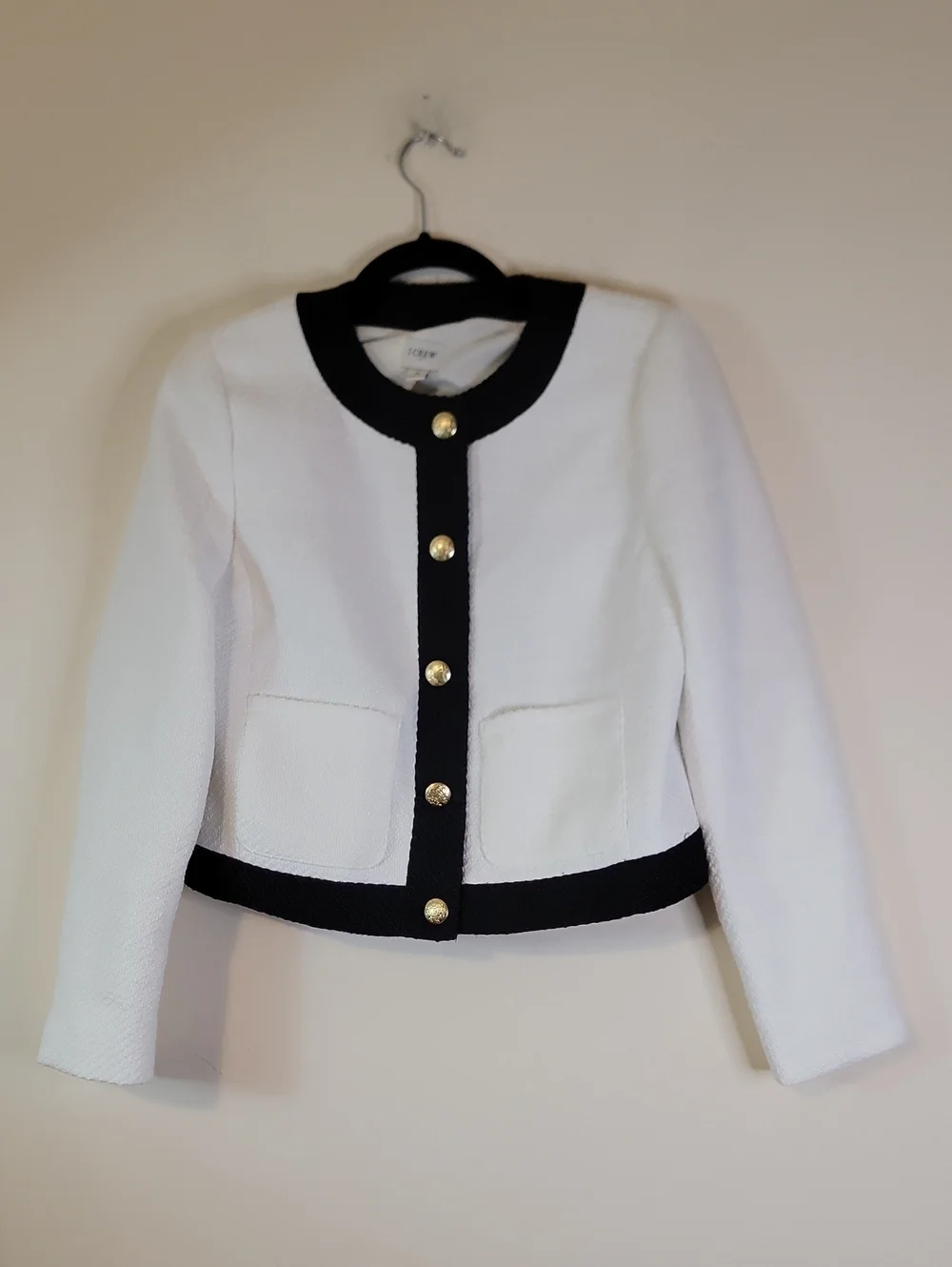 J. Crew White Bouclé Jacket with Black Trim and Gold Buttons